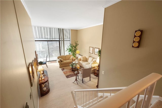 carpeted living room featuring crown molding