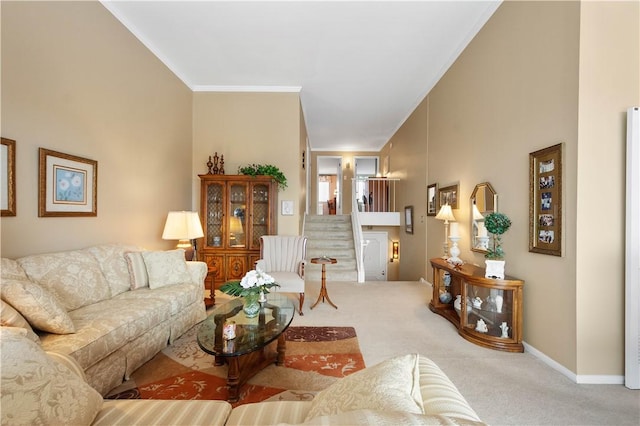 living room featuring ornamental molding and carpet