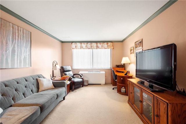 carpeted living room with ornamental molding