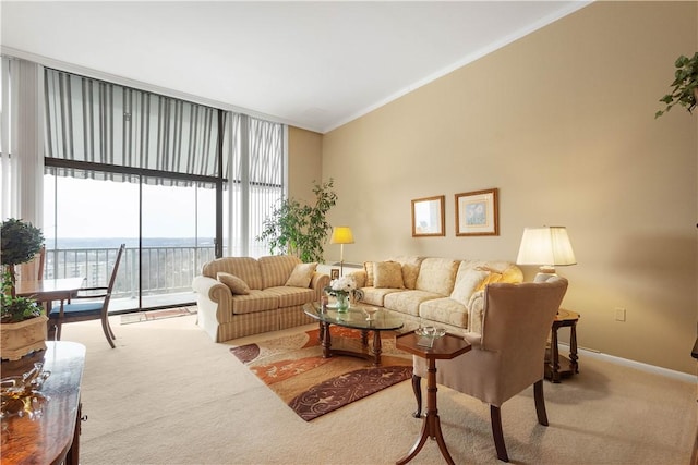 carpeted living room with crown molding