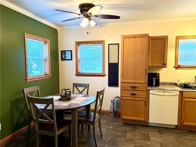 dining space with ceiling fan, ornamental molding, sink, and a healthy amount of sunlight