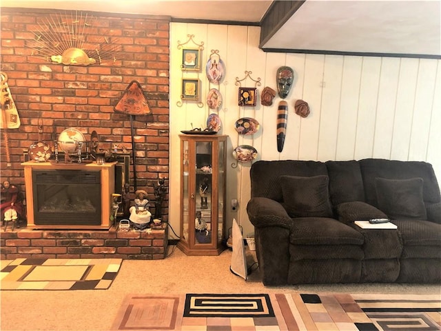 living room with carpet flooring and a fireplace