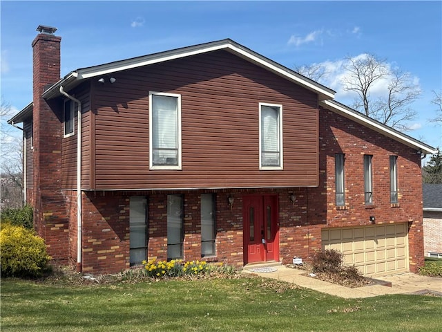 view of front of house featuring a front lawn, a chimney, a garage, and brick siding