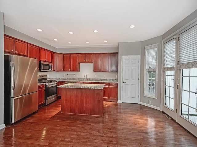 kitchen with dark wood-type flooring, plenty of natural light, stainless steel appliances, and a center island