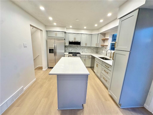 kitchen with sink, tasteful backsplash, a center island, appliances with stainless steel finishes, and light hardwood / wood-style floors