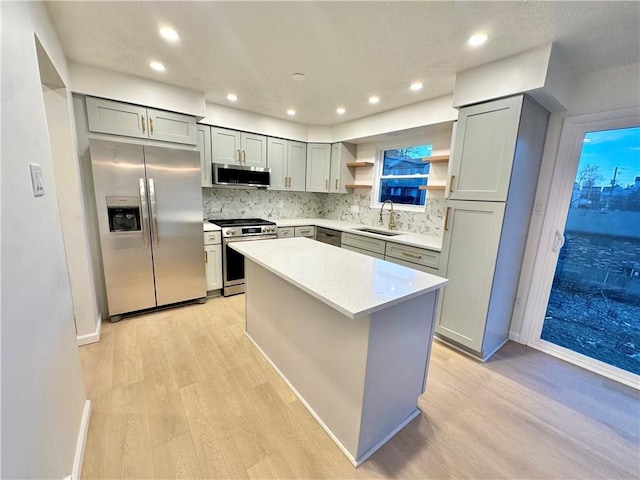 kitchen with sink, backsplash, a center island, stainless steel appliances, and light hardwood / wood-style flooring