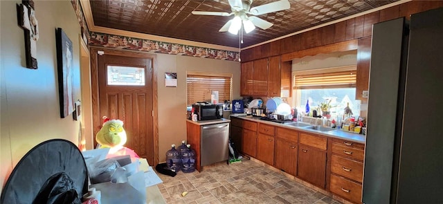 kitchen with crown molding, ceiling fan, dishwasher, and sink