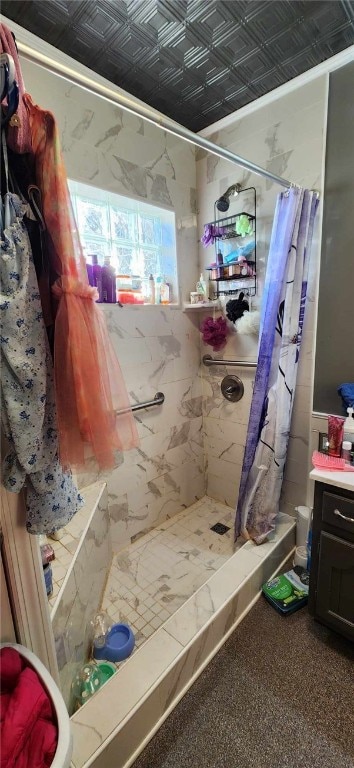 bathroom with vanity and a shower with shower curtain