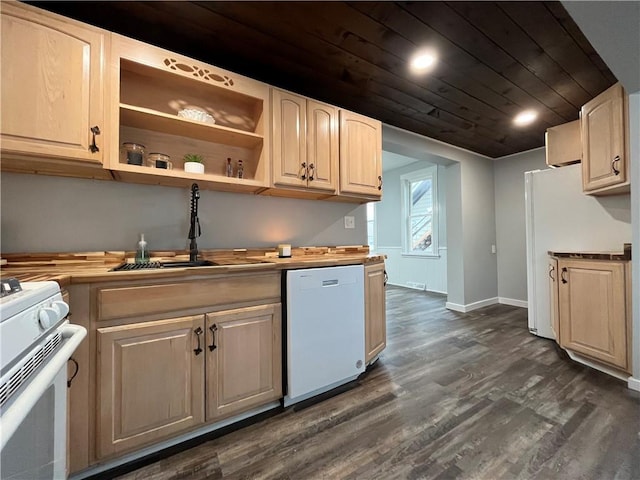 kitchen featuring a sink, wooden ceiling, baseboards, dark wood-type flooring, and white appliances