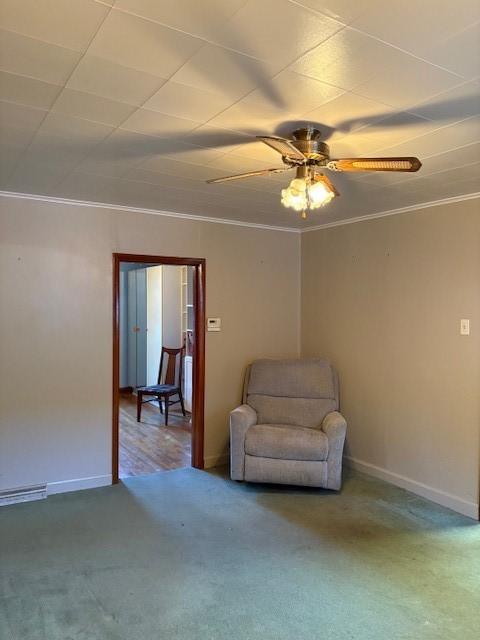 unfurnished room featuring ornamental molding, ceiling fan, and carpet flooring