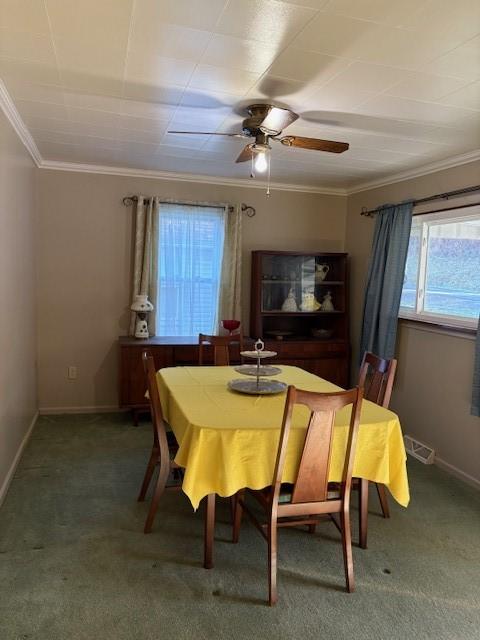 carpeted dining space with ceiling fan and ornamental molding