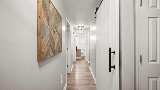 corridor with a barn door and light wood-type flooring