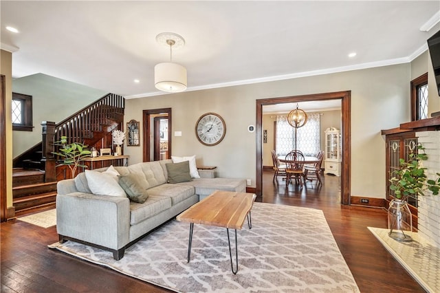 living room featuring ornamental molding and dark hardwood / wood-style floors