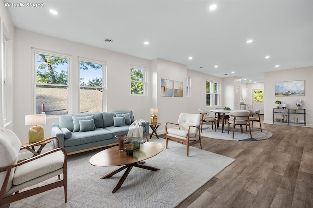 living room with a wealth of natural light and light wood-type flooring