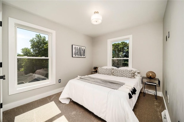 bedroom with dark carpet