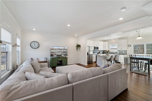 living room featuring dark wood-type flooring and crown molding