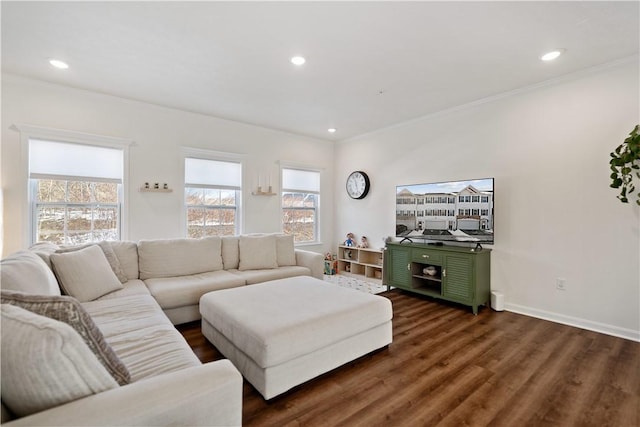 living room with ornamental molding, plenty of natural light, and dark hardwood / wood-style floors