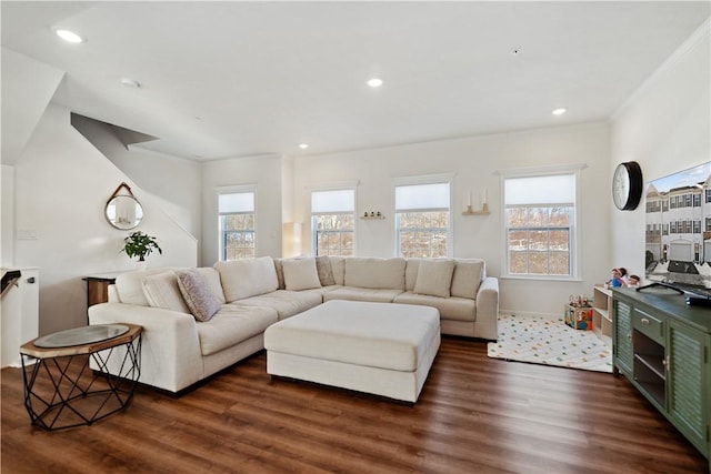 living room featuring dark hardwood / wood-style flooring, ornamental molding, and a healthy amount of sunlight