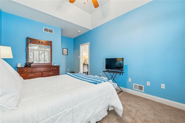 bedroom featuring light colored carpet and ceiling fan