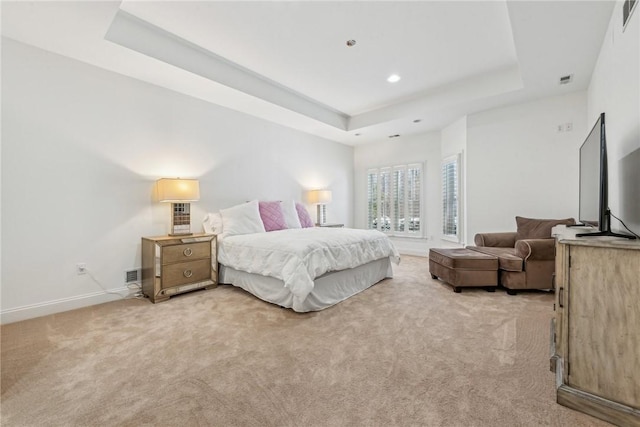 bedroom featuring a raised ceiling and carpet