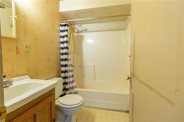 full bathroom with vanity, toilet, and shower / bathtub combination with curtain