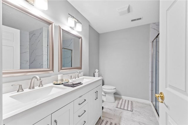 bathroom with walk in shower, vanity, and toilet