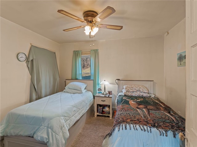 bedroom with light carpet and ceiling fan