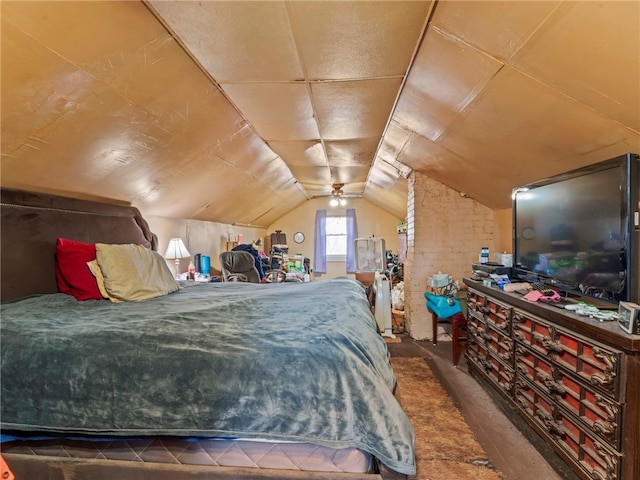 carpeted bedroom featuring lofted ceiling and ceiling fan