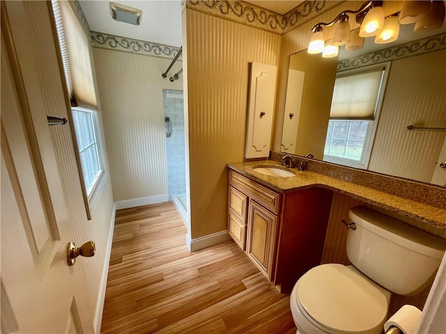 bathroom with walk in shower, wood-type flooring, toilet, and vanity