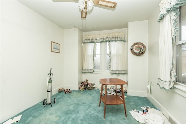 misc room with carpet and ceiling fan