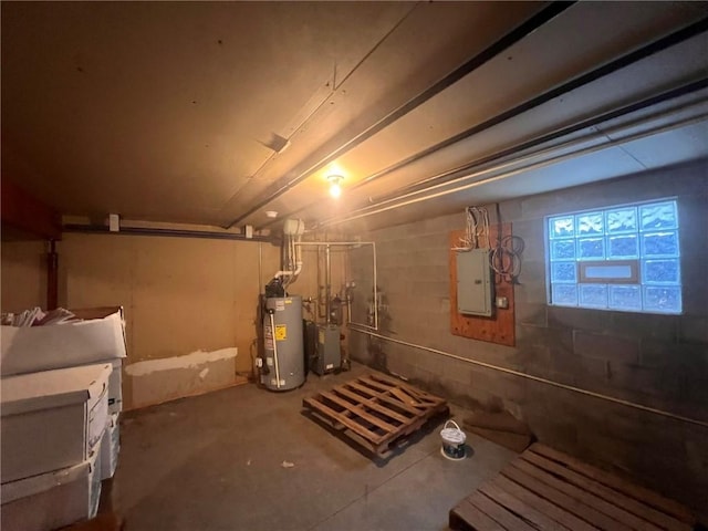 basement featuring electric panel and water heater