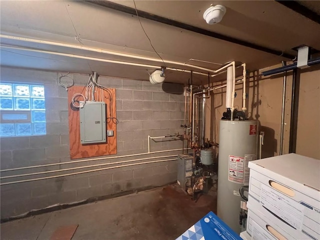 utility room featuring electric panel and water heater