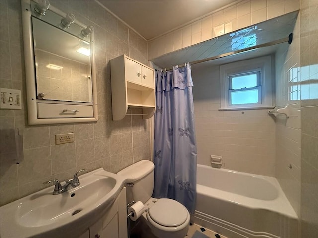 full bathroom featuring vanity, shower / tub combo, tile walls, and backsplash