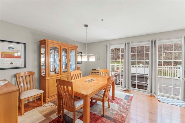 dining area with an inviting chandelier and light hardwood / wood-style floors