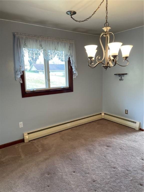 carpeted empty room featuring a notable chandelier and baseboard heating