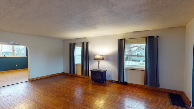 spare room with a wealth of natural light, wood-type flooring, and a textured ceiling