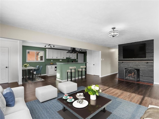 living room with a stone fireplace and dark hardwood / wood-style floors