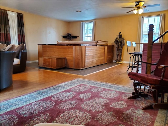 bar featuring hardwood / wood-style floors and ceiling fan