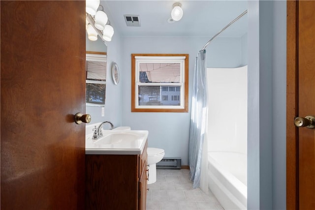 full bathroom with a baseboard radiator, vanity, toilet, and shower / tub combo