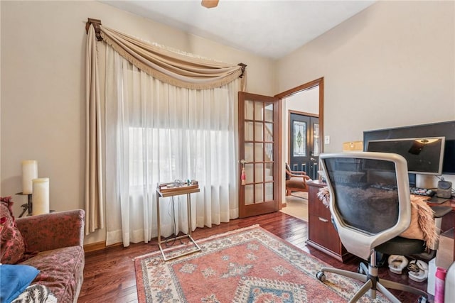 home office with dark hardwood / wood-style flooring and french doors