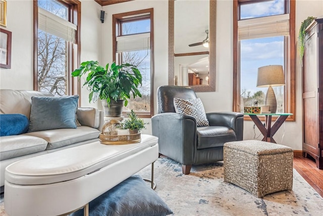 living area featuring hardwood / wood-style floors and ceiling fan