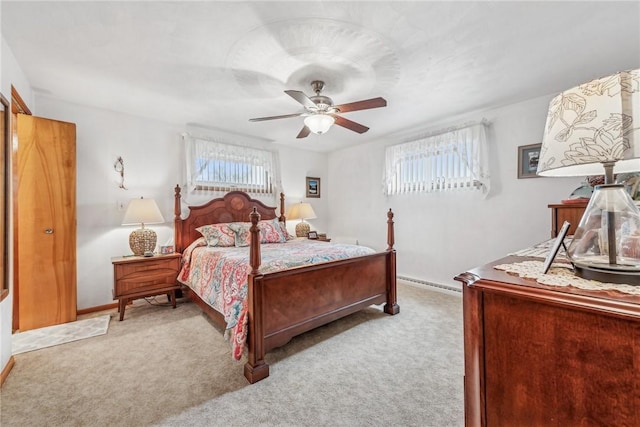 bedroom featuring light carpet, ceiling fan, and baseboard heating