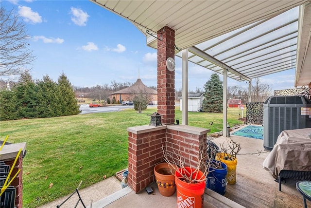 exterior space with a pergola and central air condition unit