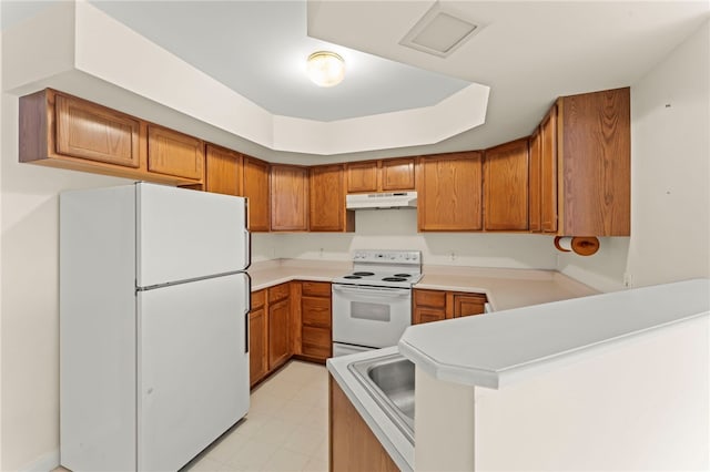 kitchen featuring white appliances, a tray ceiling, kitchen peninsula, and sink