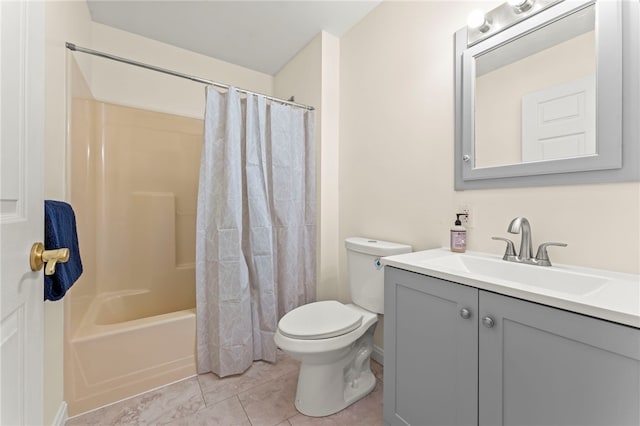 full bathroom with shower / bath combination with curtain, tile patterned floors, vanity, and toilet