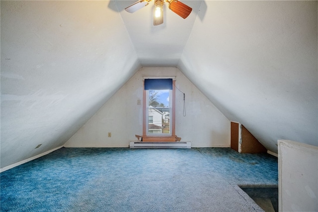 bonus room with ceiling fan, lofted ceiling, carpet floors, and a baseboard heating unit