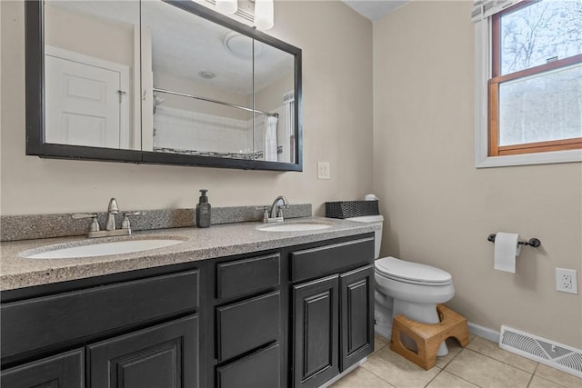 bathroom with a shower with curtain, vanity, toilet, and tile patterned flooring