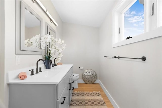 bathroom featuring vanity, hardwood / wood-style flooring, and toilet