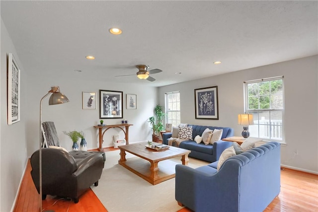 living room featuring ceiling fan and light wood-type flooring