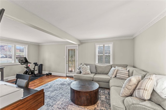 living room featuring crown molding, plenty of natural light, beam ceiling, and hardwood / wood-style floors